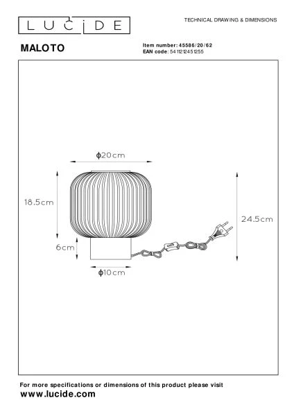 Lucide MALOTO - Lampe de table - Ø 20 cm - 1xE27 - Ambre - TECHNISCH